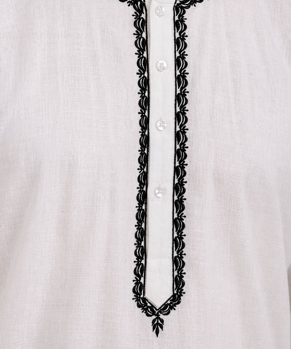 White cotton slub embroidered kurta