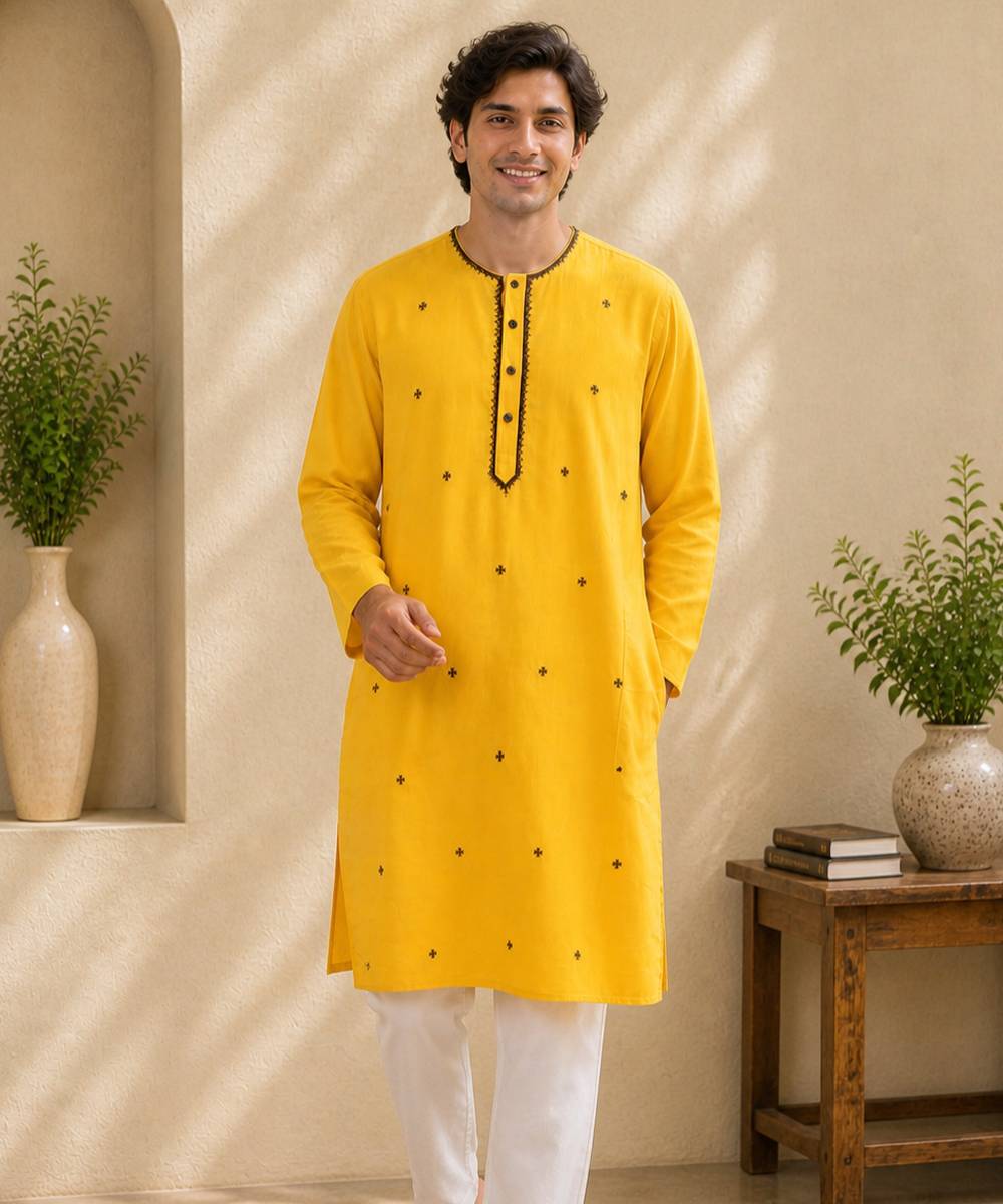 Yellow cotton embroidered kurta