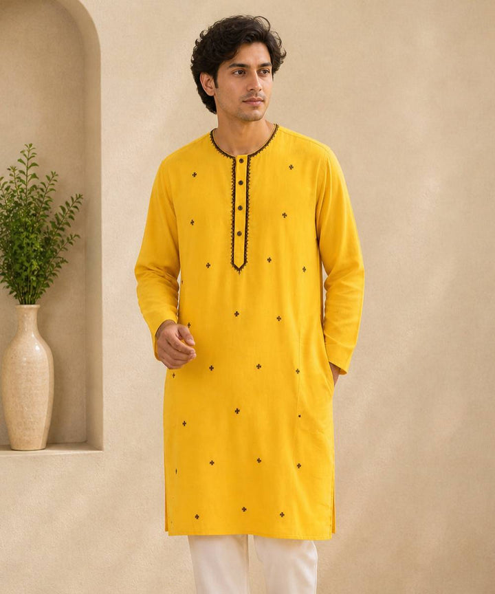 Yellow cotton embroidered kurta