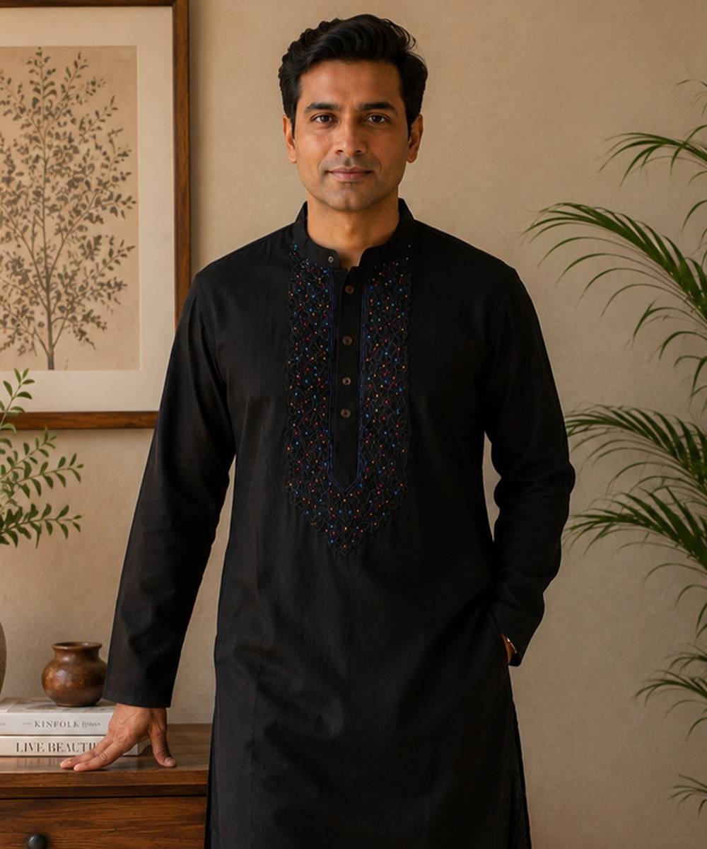 Black cotton embroidered kurta