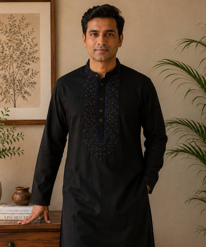 Black cotton embroidered kurta