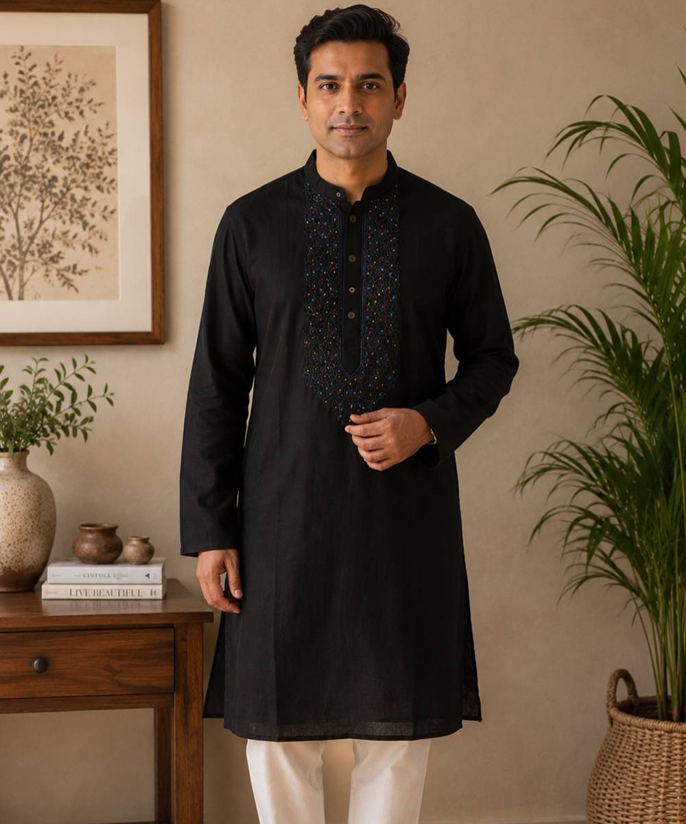 Black cotton embroidered kurta