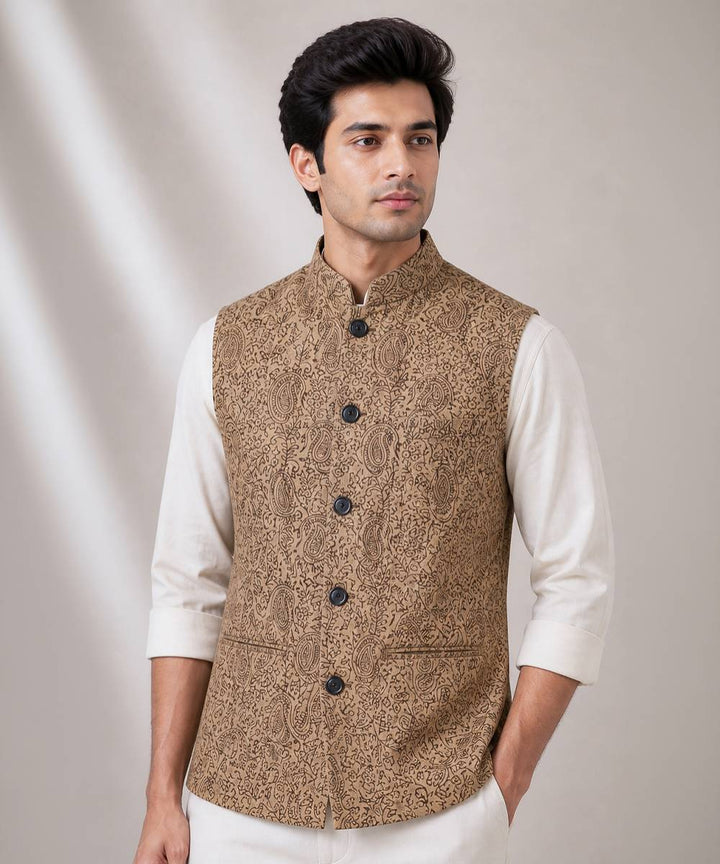 Beige block printed linen jacket