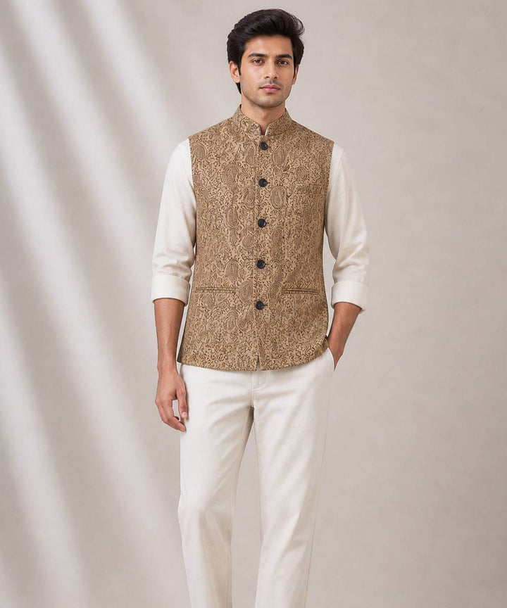 Beige block printed linen jacket