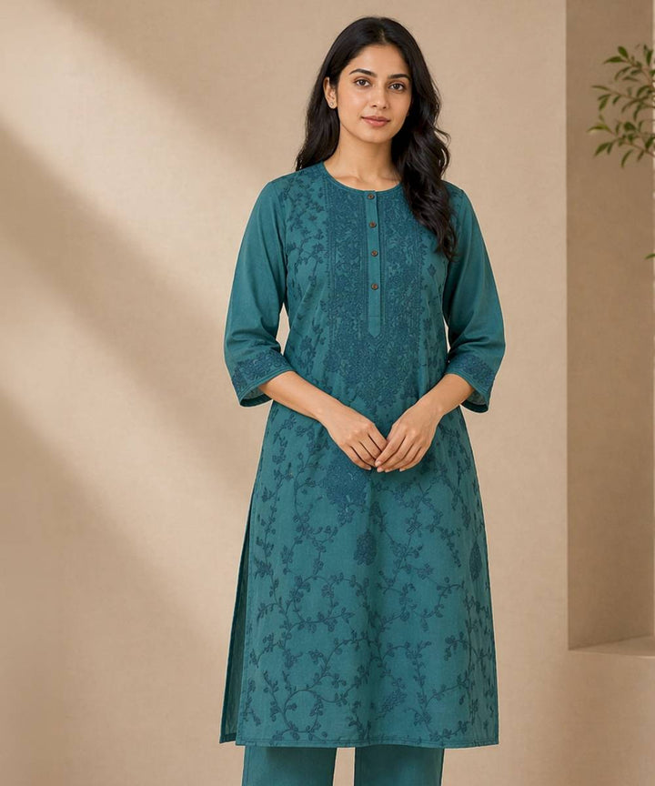Green cotton embroidered kameez