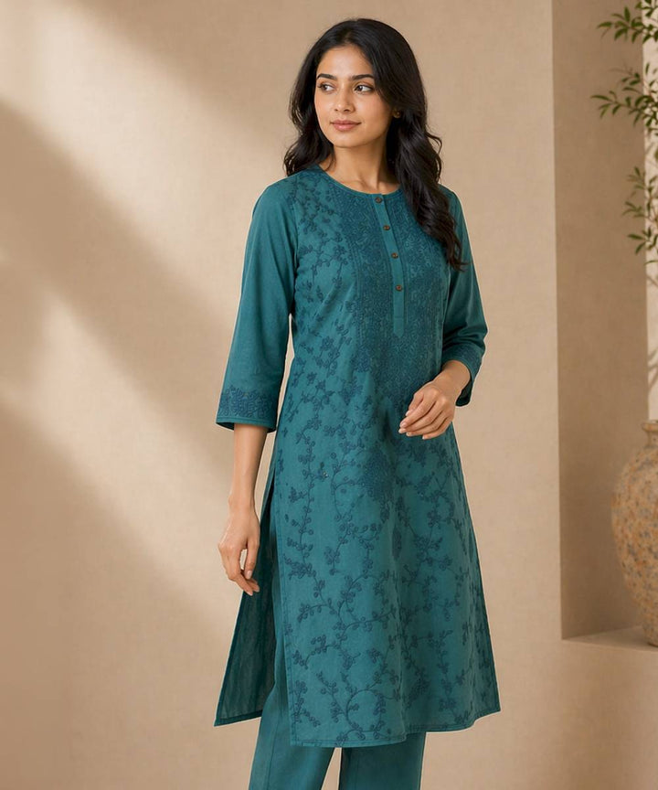 Green cotton embroidered kameez