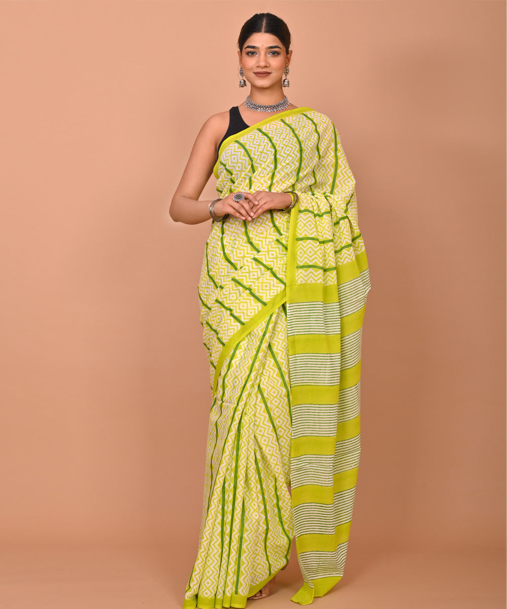 Yellow green hand printed bagru cotton saree