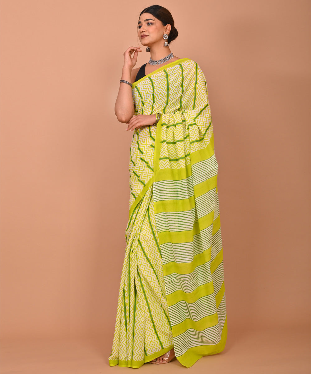 Yellow green hand printed bagru cotton saree
