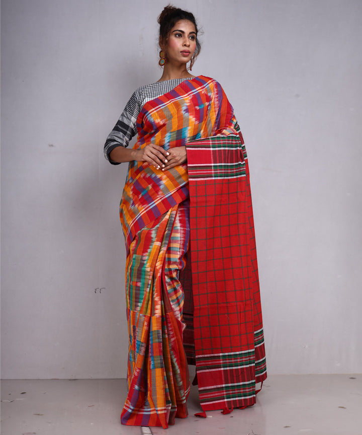 Multicolor red check cotton handloom gamcha saree