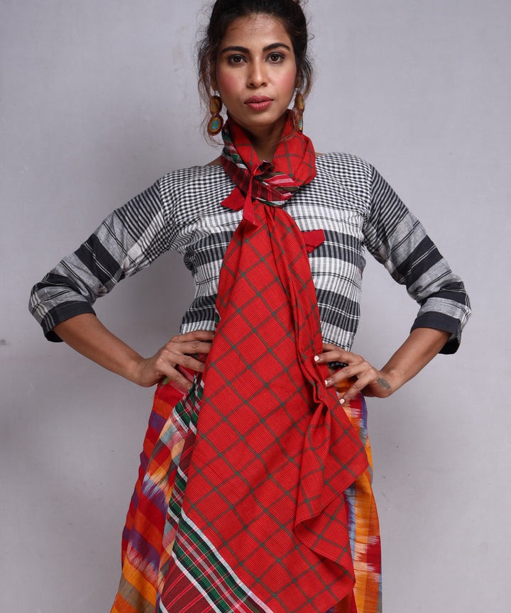 Multicolor red check cotton handloom gamcha saree