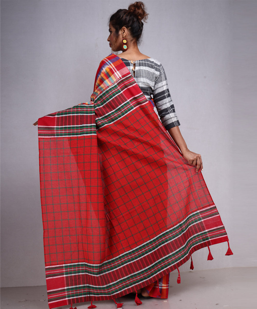 Multicolor red check cotton handloom gamcha saree