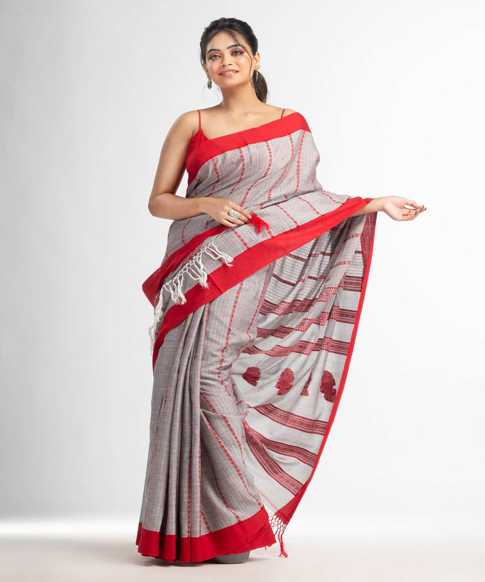 Grey red handwoven bengal cotton saree