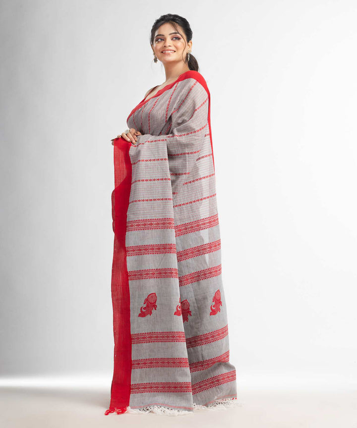 Grey red handwoven bengal cotton saree