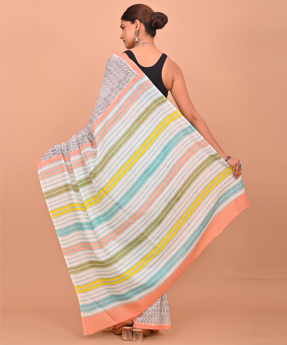 White black cotton bagru hand printed saree