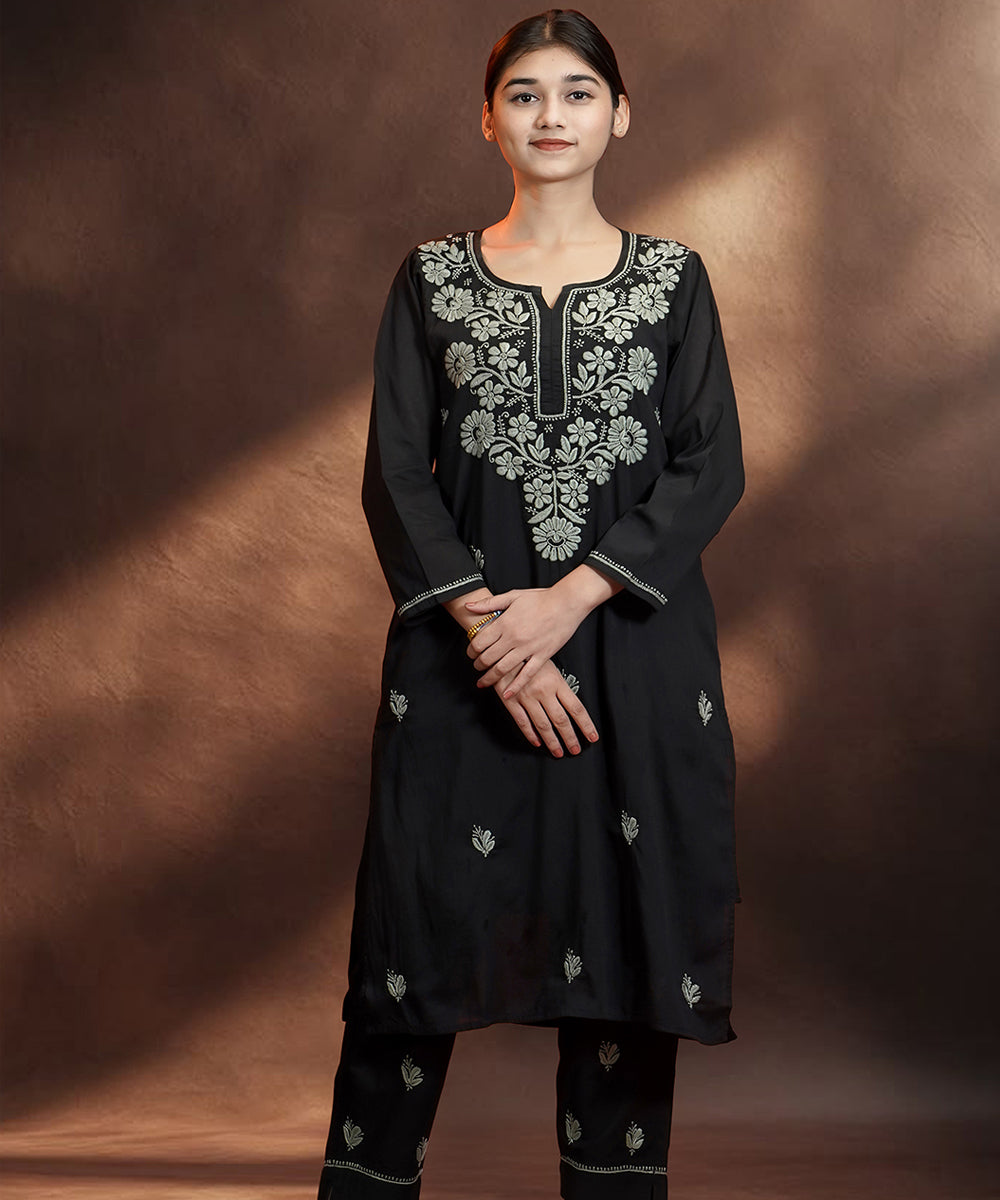 Black  Hand Embroidered   Chikankari  Cotton Kurta Set