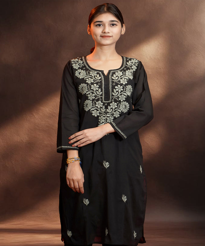 Black  Hand Embroidered   Chikankari  Cotton Kurta Set