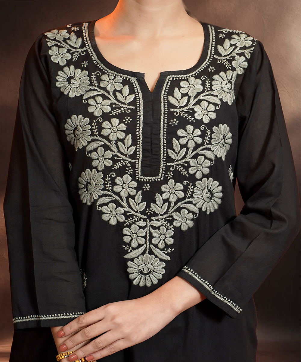 Black  Hand Embroidered   Chikankari  Cotton Kurta Set