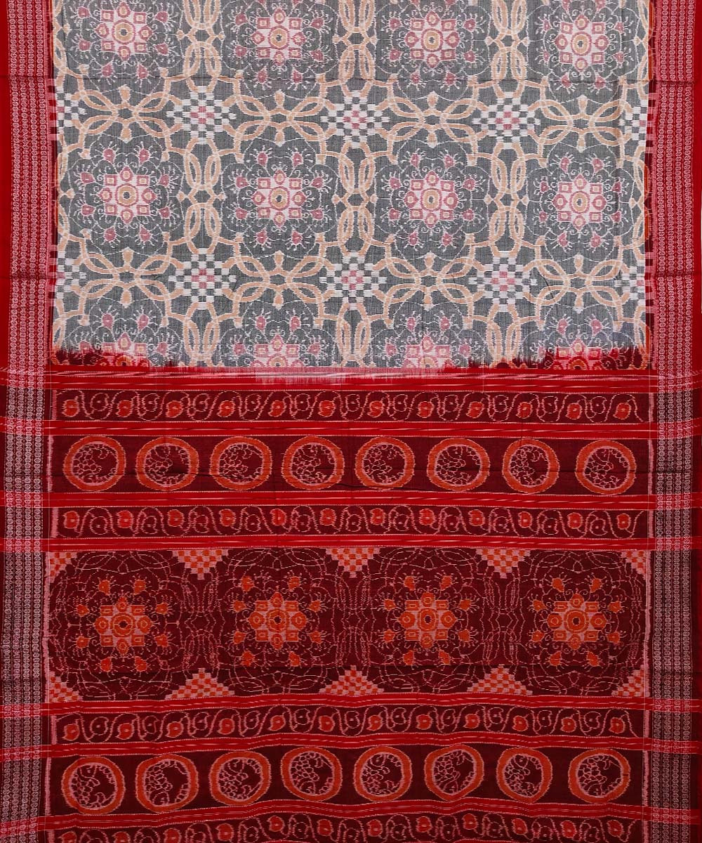Grey red hand loom cotton sambalpuri saree