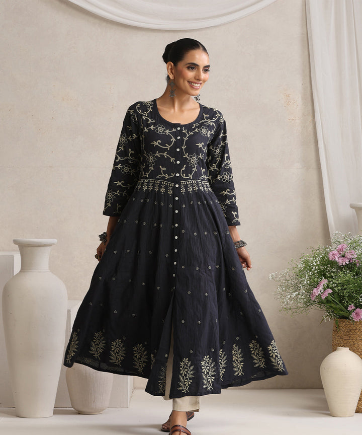 Black  Hand Embroidered   Chikankari  Cotton Kurti