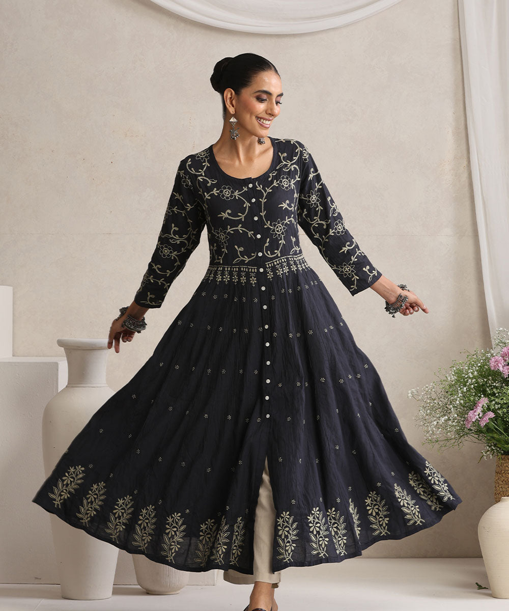 Black  Hand Embroidered   Chikankari  Cotton Kurti