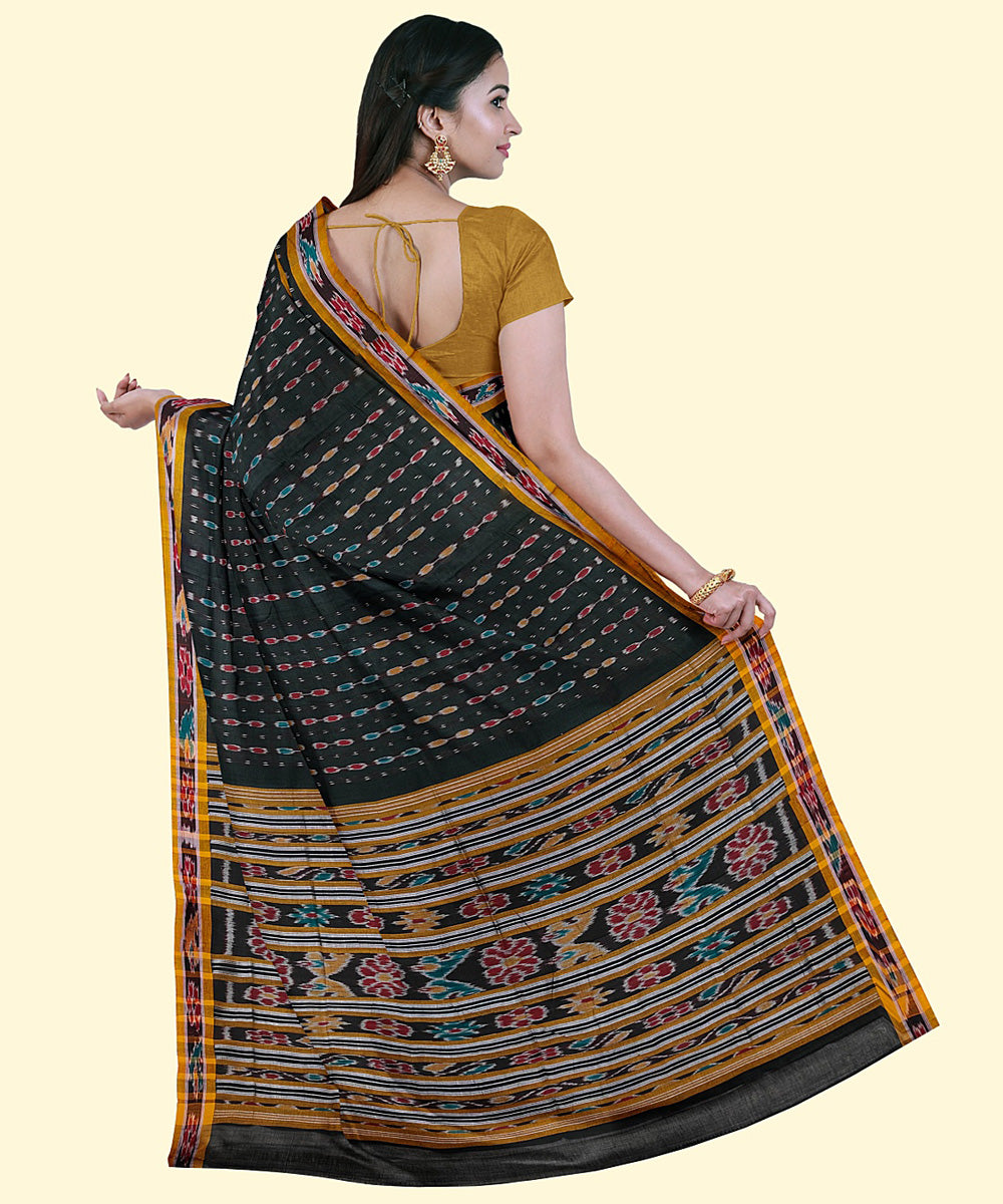 Dark green yellow handwoven nuapatna cotton saree