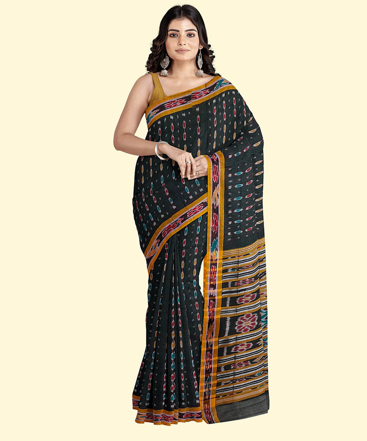 Dark green yellow handwoven nuapatna cotton saree