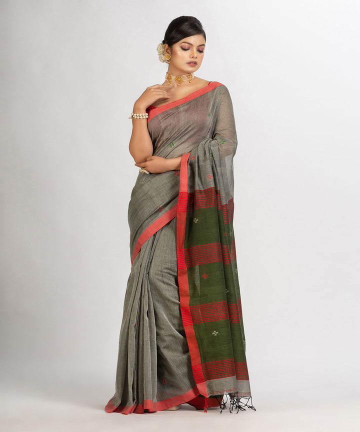 Grey red handwoven cotton bengal saree