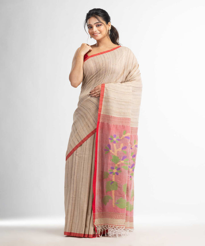 Beige red handwoven bengal ghicha cotton saree