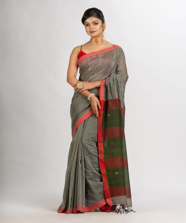 Grey red handwoven cotton bengal saree