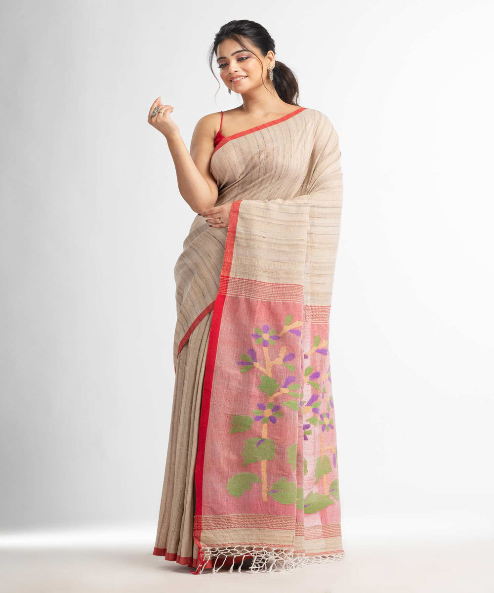 Beige red handwoven bengal ghicha cotton saree