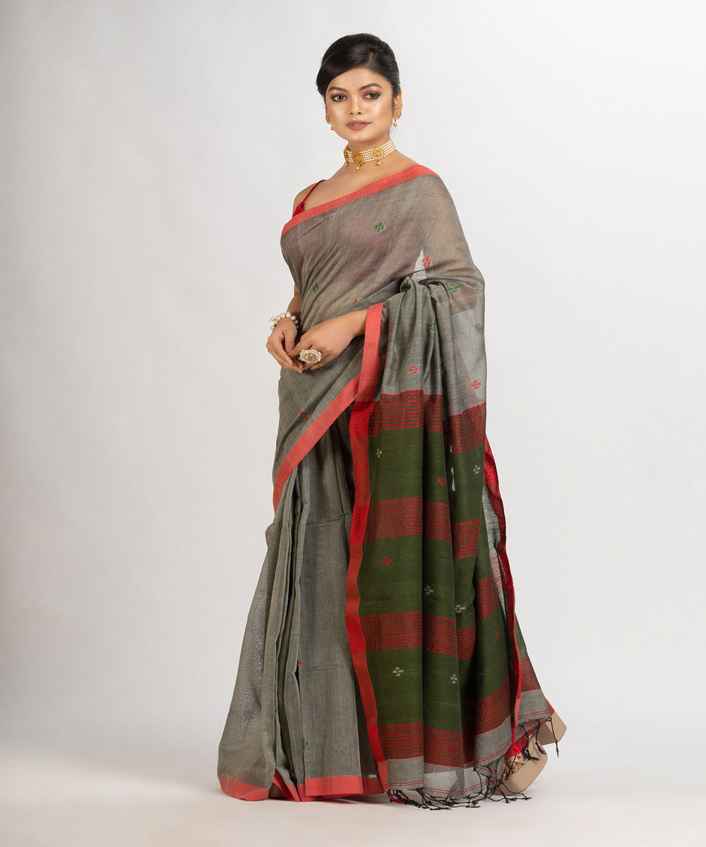 Grey red handwoven cotton bengal saree