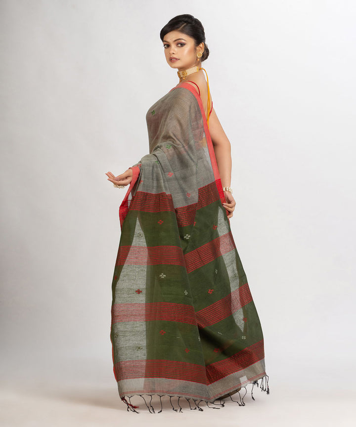 Grey red handwoven cotton bengal saree