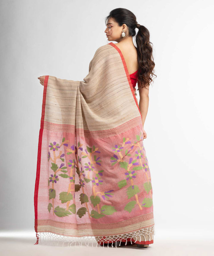 Beige red handwoven bengal ghicha cotton saree