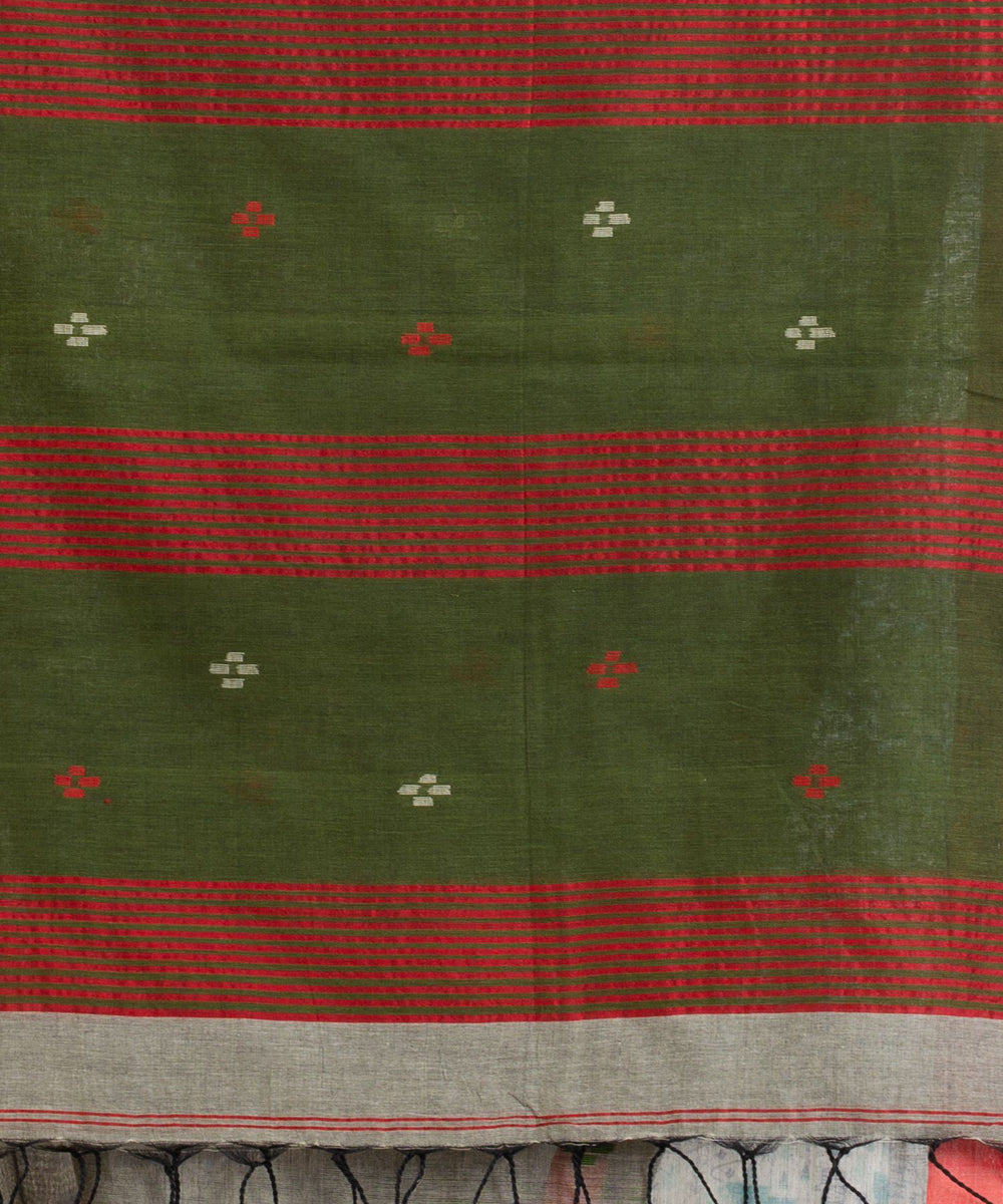 Grey red handwoven cotton bengal saree