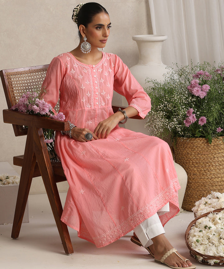 Pink  Hand Embroidered   Chikankari  Cotton Kurti