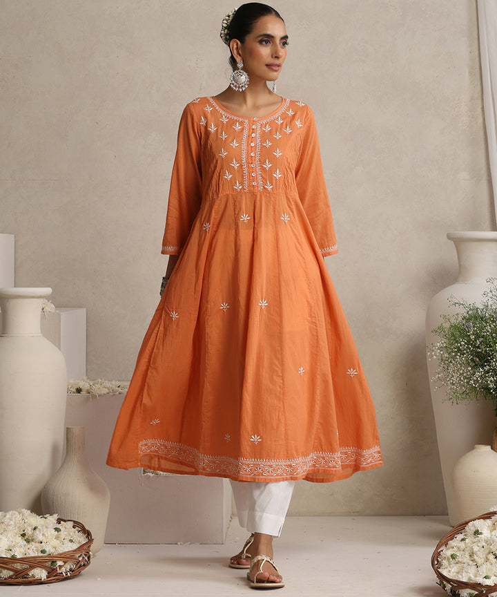 Orange  Hand Embroidered   Chikankari  Cotton Kurti