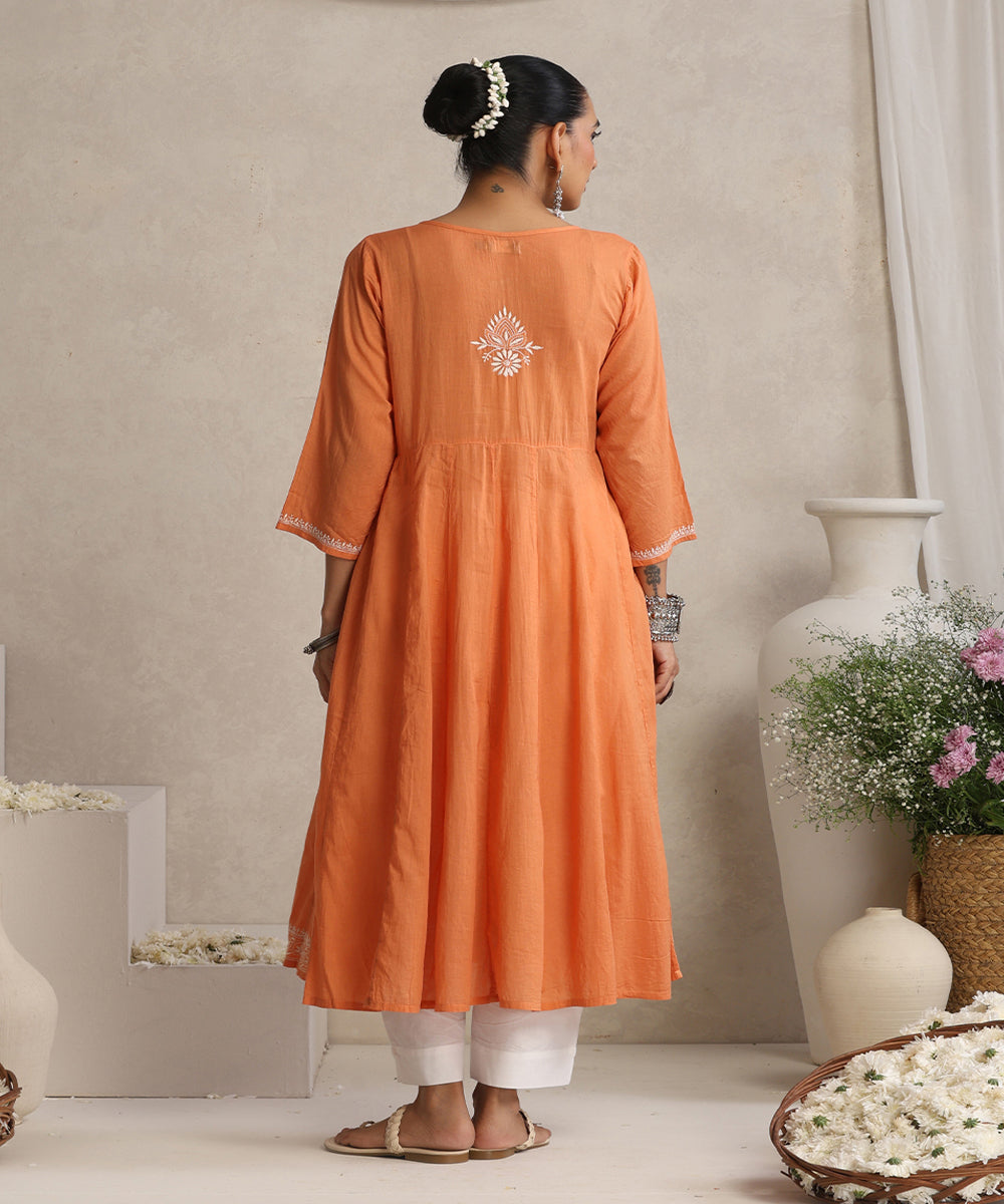 Orange  Hand Embroidered   Chikankari  Cotton Kurti