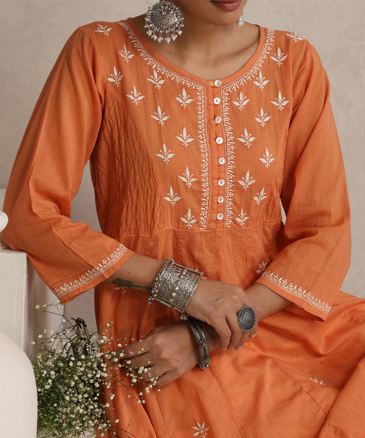 Orange  Hand Embroidered   Chikankari  Cotton Kurti