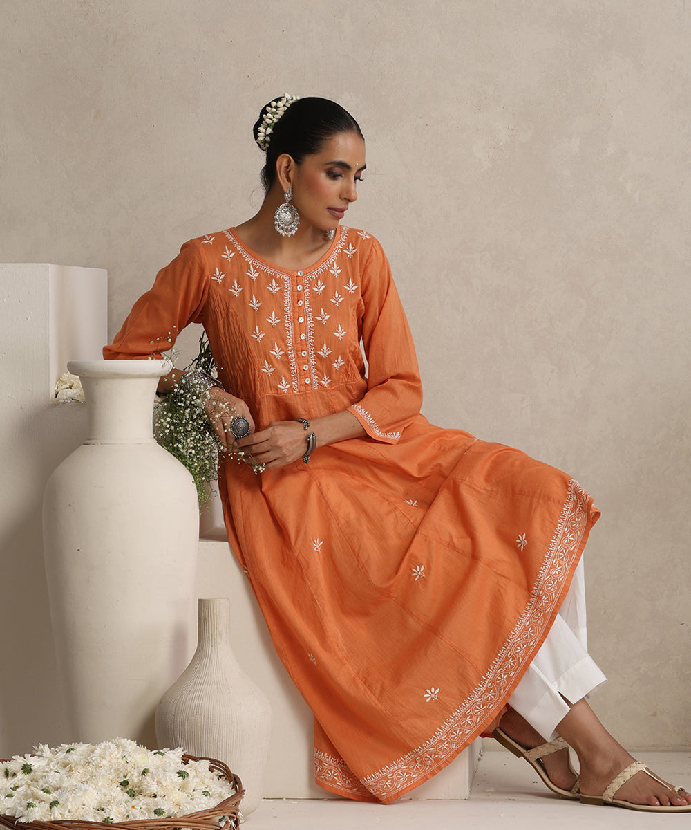 Orange  Hand Embroidered   Chikankari  Cotton Kurti