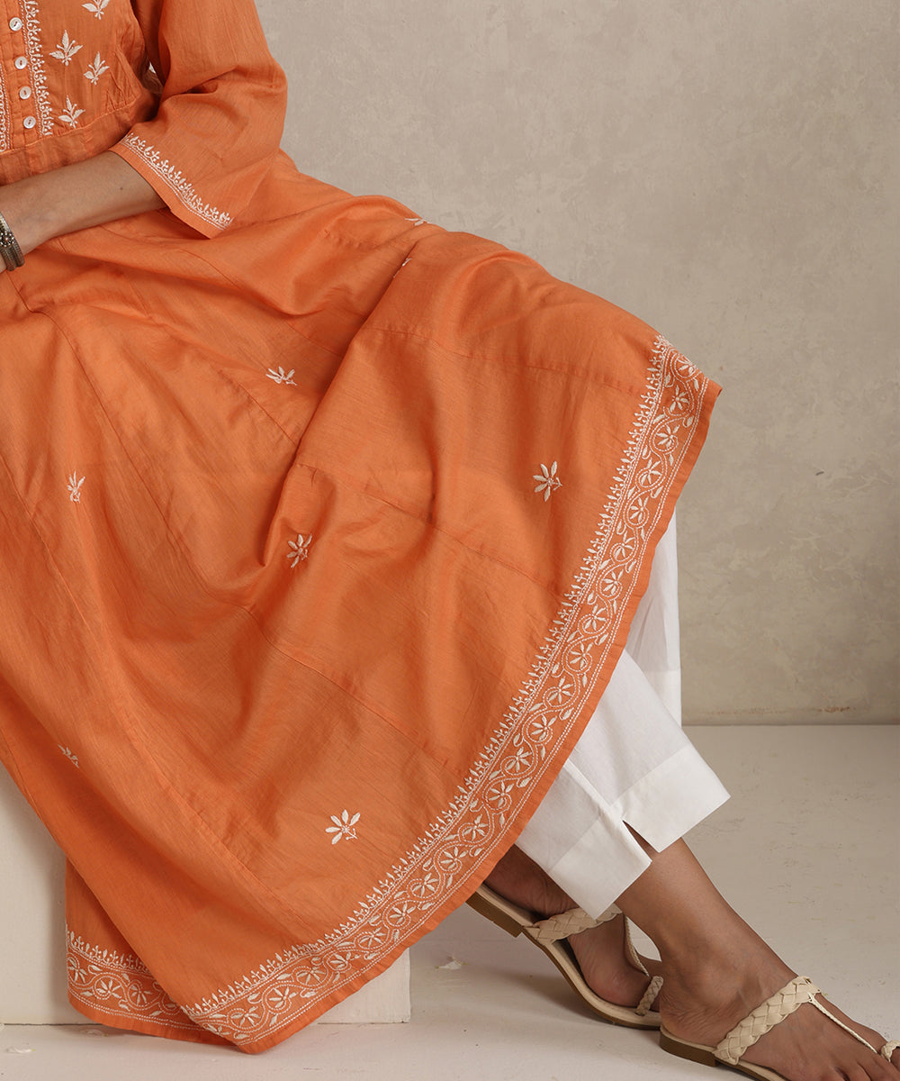 Orange  Hand Embroidered   Chikankari  Cotton Kurti
