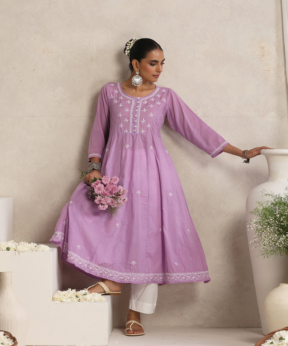 Lavender  Hand Embroidered   Chikankari  Cotton Kurti