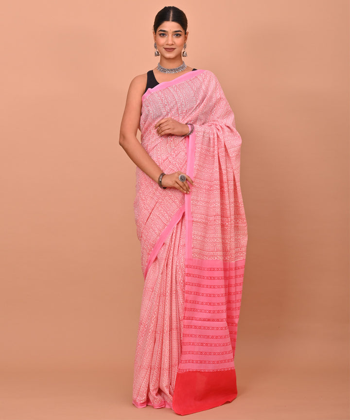 Pink red cotton hand printed bagru saree