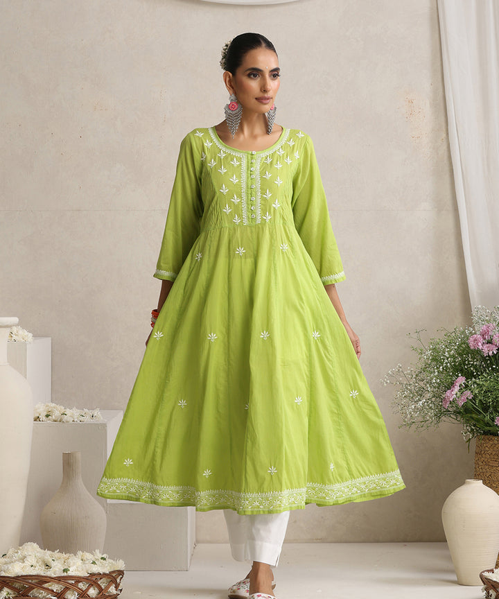 Light green  Hand Embroidered   Chikankari  Cotton Kurti