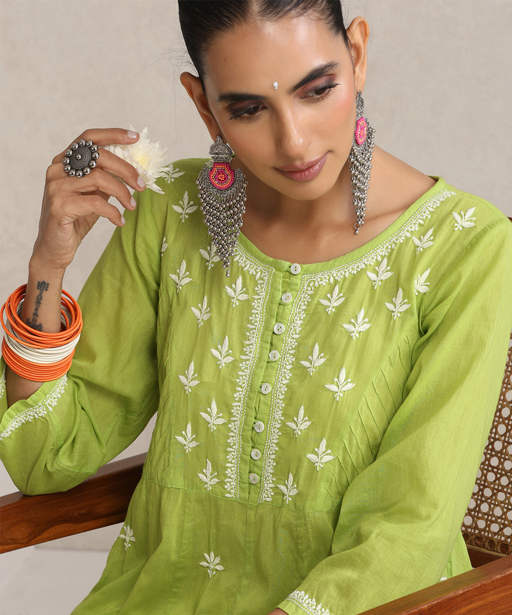 Light green  Hand Embroidered   Chikankari  Cotton Kurti