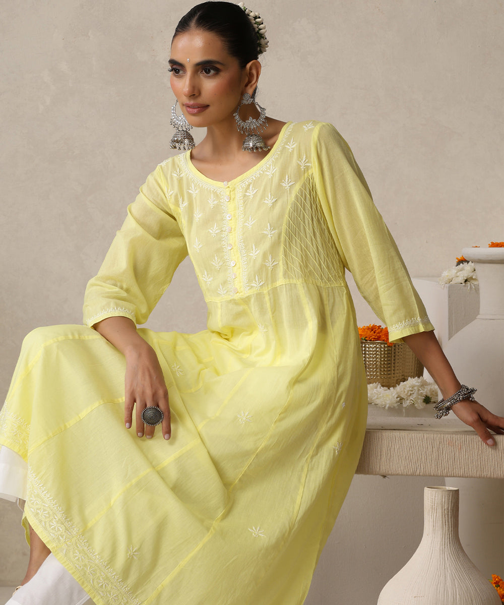 Yellow  Hand Embroidered   Chikankari  Cotton Kurti