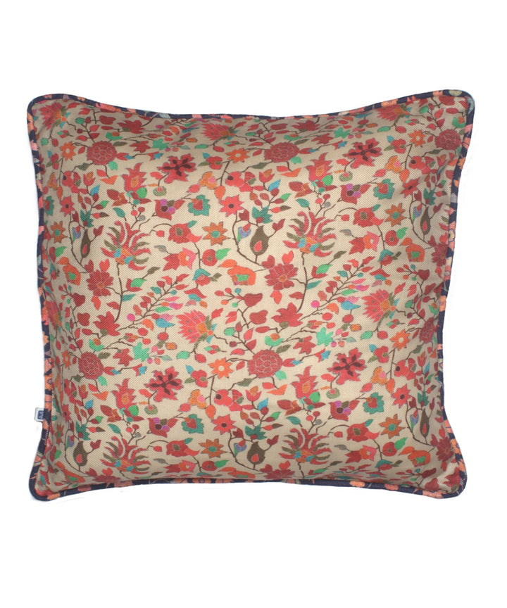 Beige pink hand printed art silk cushion cover