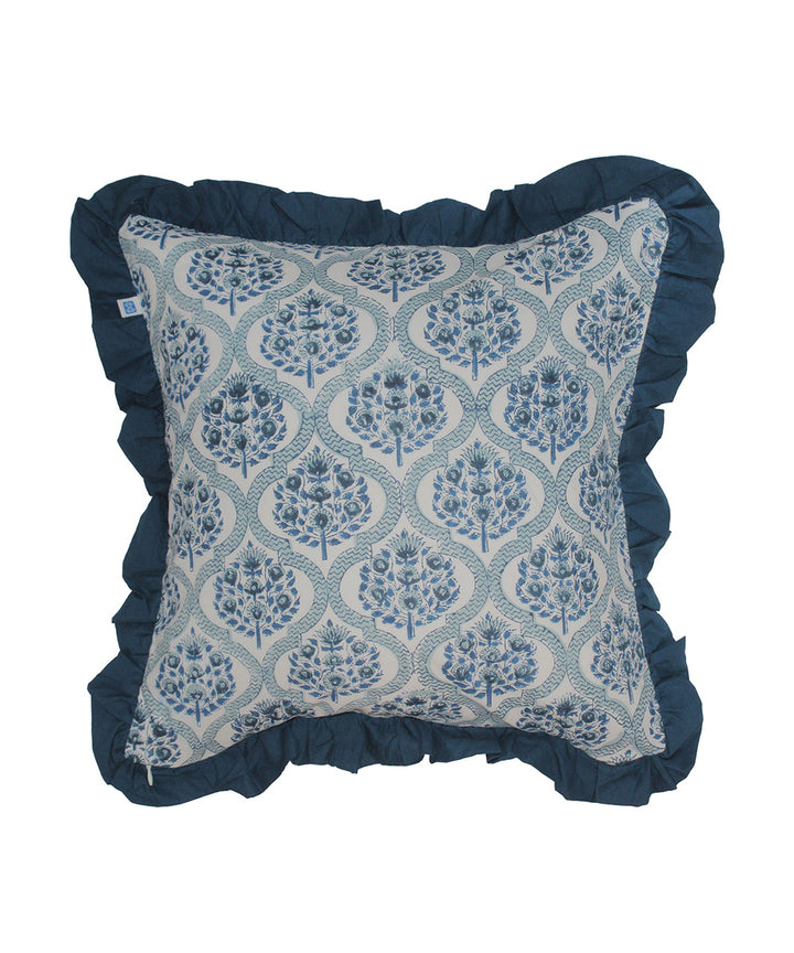 Cyan blue white hand printed cotton cushion cover