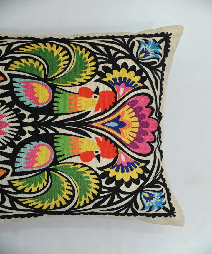 Multicolor black hand printed art silk cushion cover