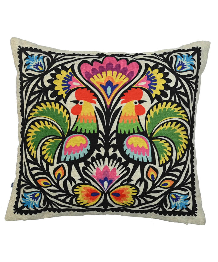 Multicolor black hand printed art silk cushion cover