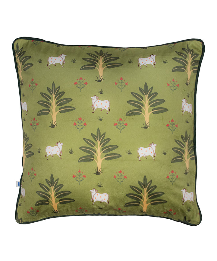 Olive green hand printed silk velvet cushion cover